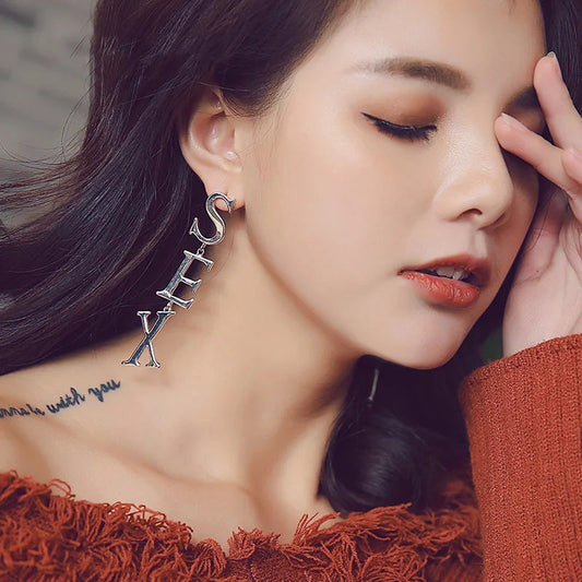 Punk Letter SEX Shape Dangle Earrings for Women Vintage European Metal Drop Earrings Golden Silver Color Black Red Green Jewelry SS69