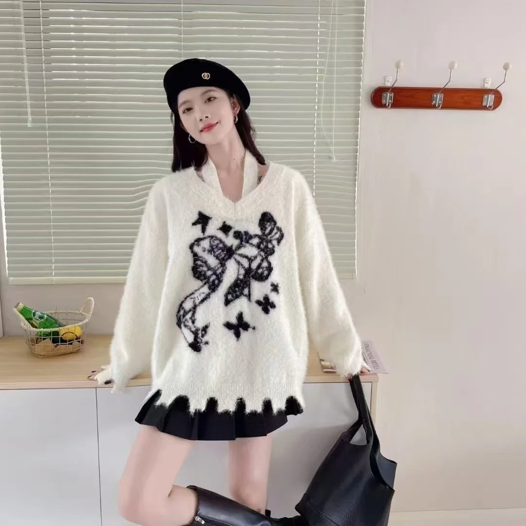 Winter American New Green Bow Neck Sweater Women Loose Print Pattern Vintage High Street Lazy Wind Knitted Sweater SS69 45.69 INS-3 / M