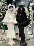 Japanese Mine Lace Splicing Cute Bow Lolita Shawl Jacket Autumn and Winter New Sweet Girl Loose Warm Plush Cape Coat Women