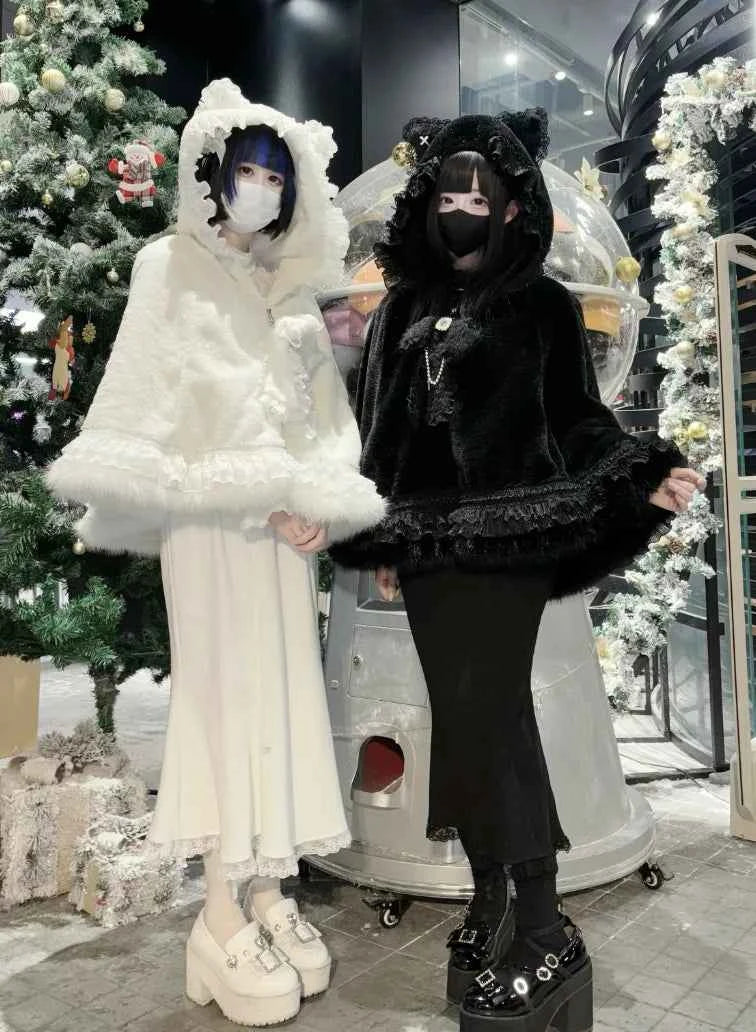 Japanese Mine Lace Splicing Cute Bow Lolita Shawl Jacket Autumn and Winter New Sweet Girl Loose Warm Plush Cape Coat Women