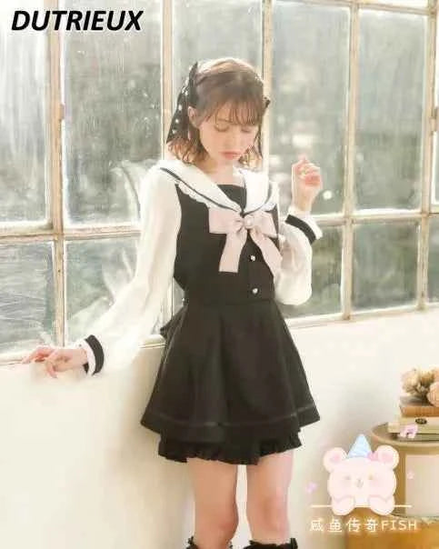 Japanese Style Women's Outfits Sailor Collar Plaid Rhinestone Bow Dress Shorts Set Sweet Lolita Mine Series Dress Two-Piece Suit