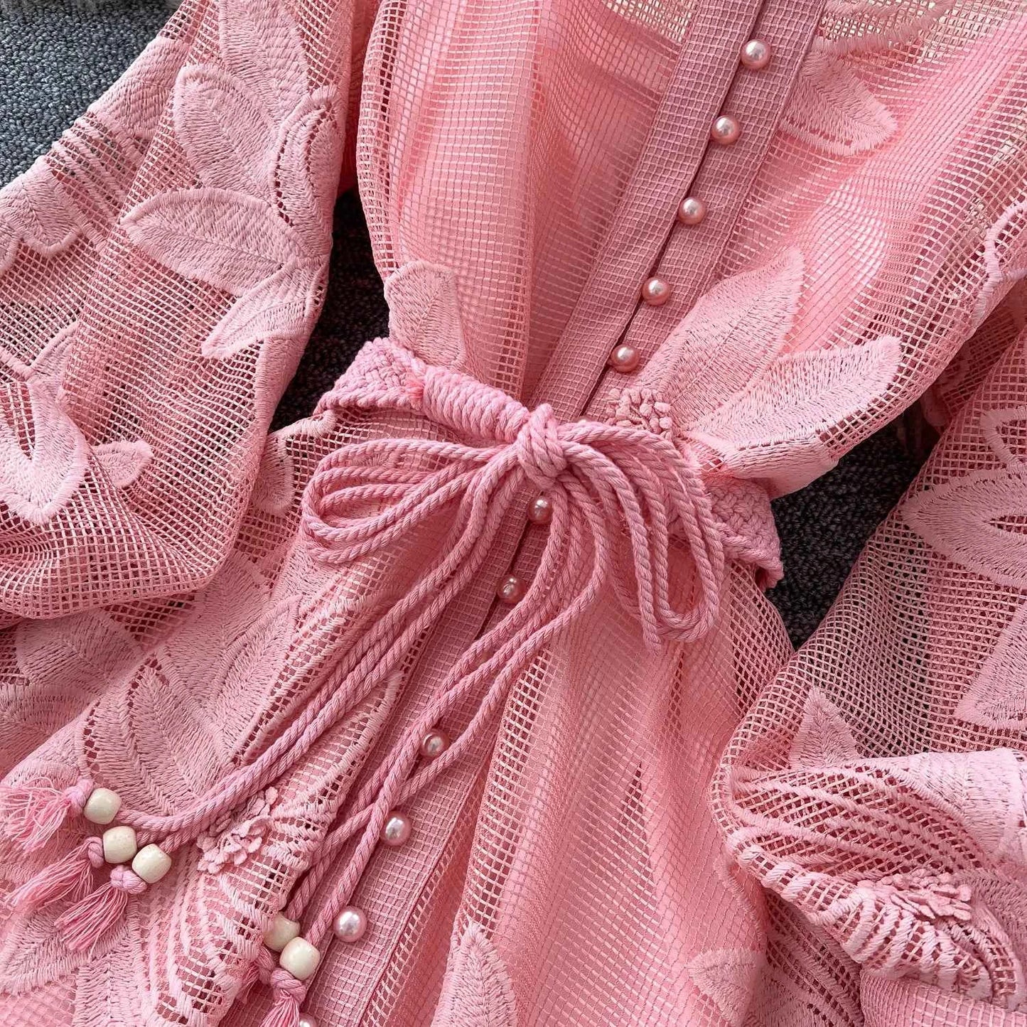 SINGREINY Women Elegant Floral Emboridery Dress Hollow Out Long Sleeve Single Breasted Belt French Court Chic Short A Line Dress