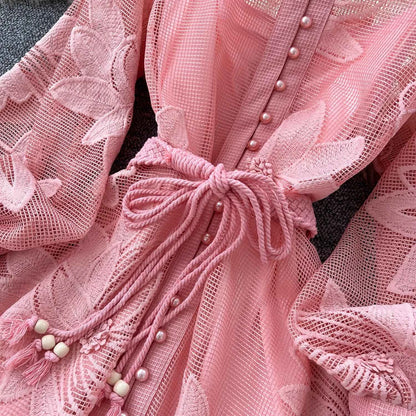 SINGREINY Women Elegant Floral Emboridery Dress Hollow Out Long Sleeve Single Breasted Belt French Court Chic Short A Line Dress