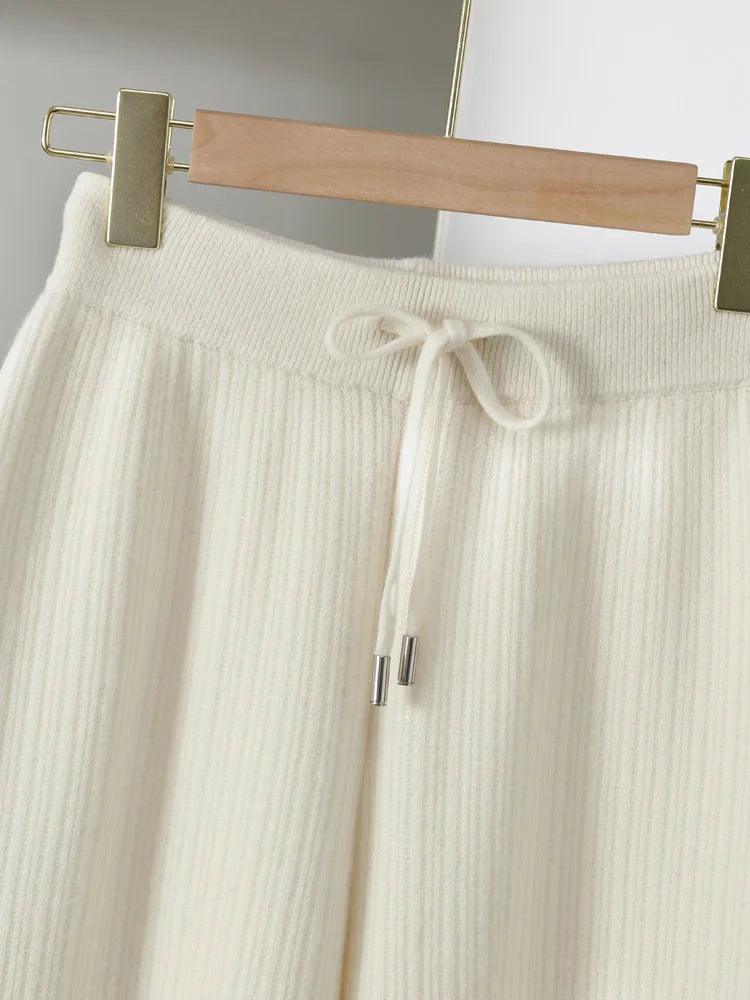 Yoyoselect New Popular Women Wide-Leg Wool Pants 100% Merino Wool Quality Soft Trousers Basic Casual Knitted Elastic Waist Slack SS69