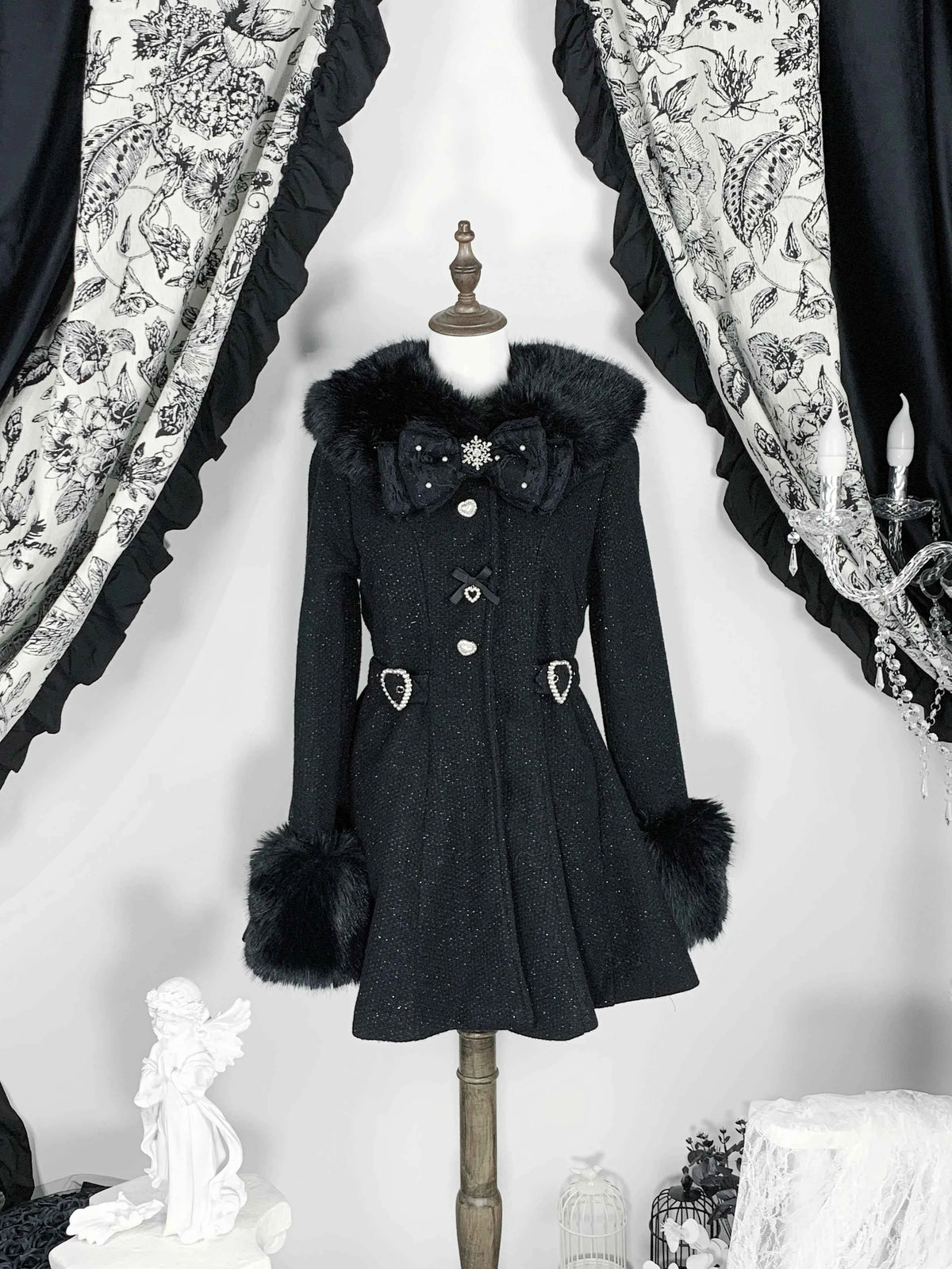 Original Japanese Mass-Produced Lace Jackets Girls Women Cute Bow Waist Cinch Heavy Drill Button Slim Fit Elegant Black Coat