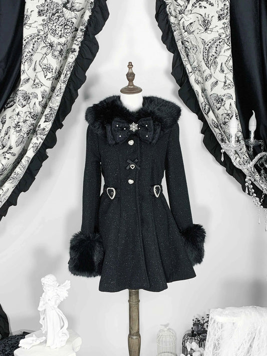 Original Japanese Mass-Produced Lace Jackets Girls Women Cute Bow Waist Cinch Heavy Drill Button Slim Fit Elegant Black Coat
