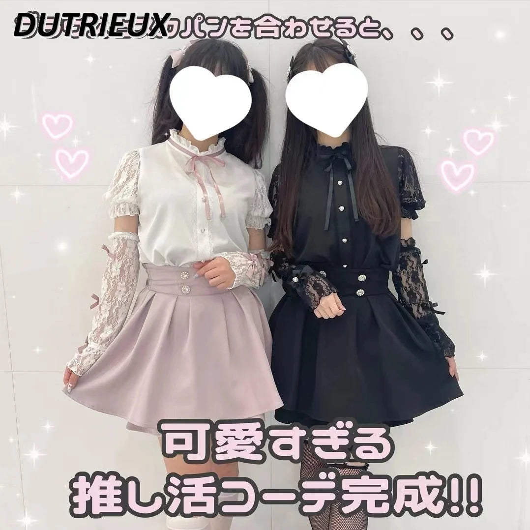 Japanese Style Shirt Women's Summer New Mine Lolita Camisa Clothes Lace Sweet Cute Oversleeve Long Short Sleeve Blouse Top Girl SS69