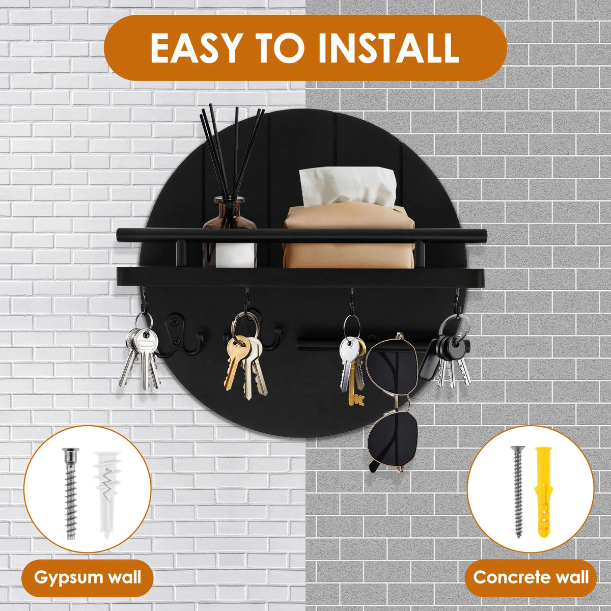 Round Wooden Wall Key Holder with Floating Shelf & 6 Hooks