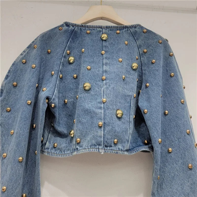 Spring Autumn Women Rivets Long Lantern Sleeve Denim Coat Short Pearls Beading Jeans Bomber Jacket Cowboy Cardigan Tops 2023 SS69