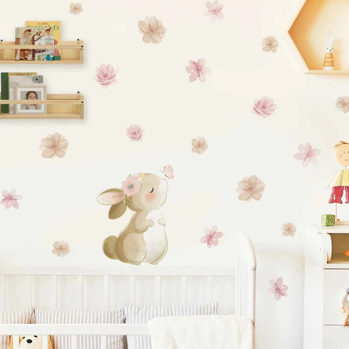 Boho Cartoon Rabbit Butterfly Flowers Wall Sticker Nursery Kids Room Home Decoration Mural Living Room Bedroom Bunny Stickers