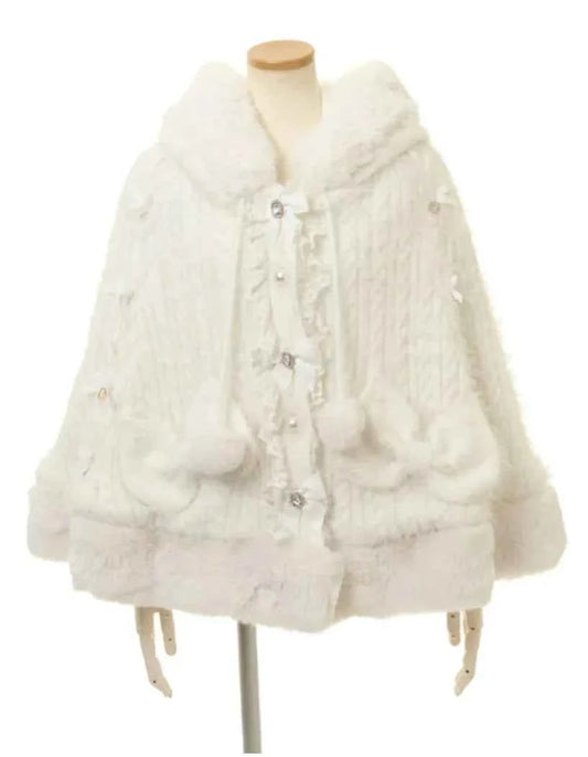 Autumn and Winter Japanese Liz Furry Knitted Cape Coat Sweet Girls Women Mine Series Cute Bow Princess Hooded Kawaii Lolita Coat