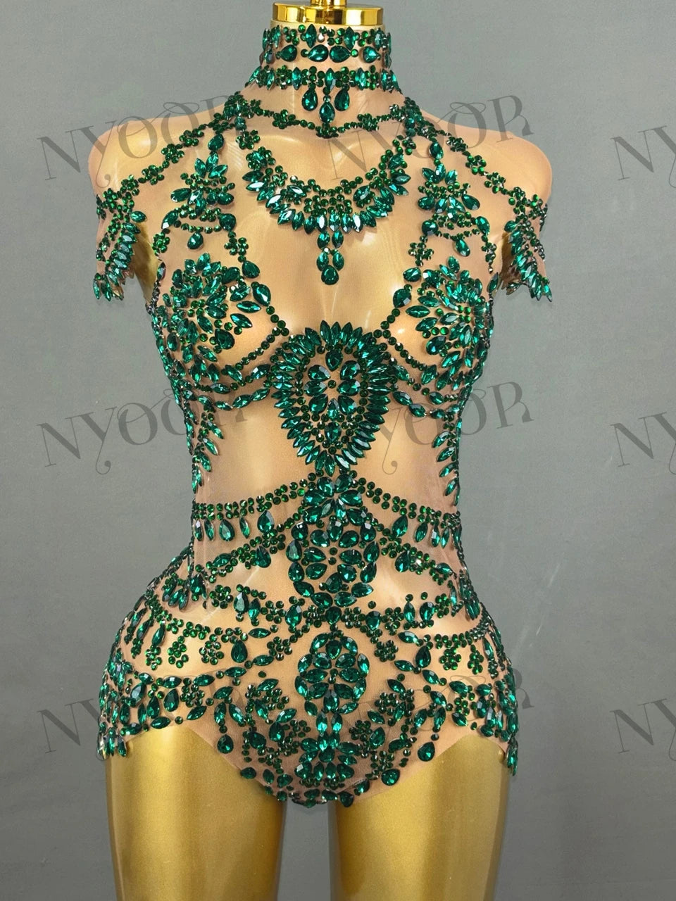 Sparkly Rhinestone Mesh Bodysuit for Women - Transparent Dance Leotard