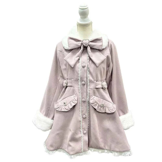 Japanese Sweet Winter Woolen Coat Lolita Style Cute Big Bow Fungus Edge Long Sleeve Slim Kawaii Girls Women Elegant Overcoat