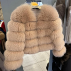 QUEENTINA Women's Real Fox Fur O-Neck Winter Coat - Brown