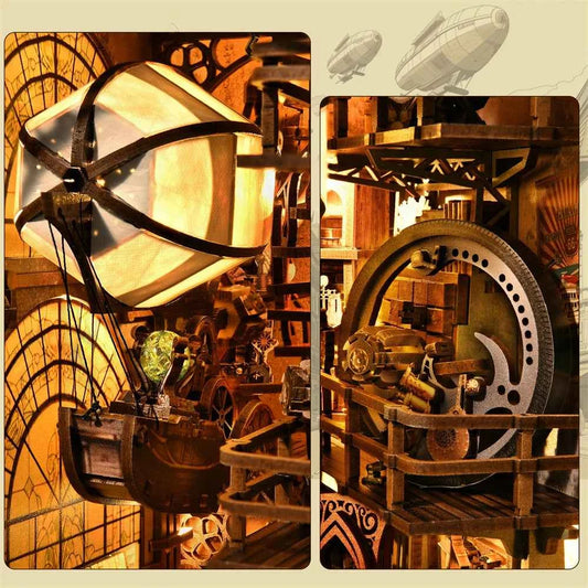 Book Nook Kit Maker's Workshop DIY Wooden Puzzle Balloon Studio Ship Bookshelf Dollhouse Model Bookend Building Home Deco