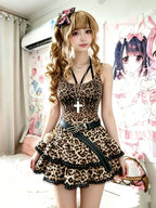 Y2k Japanese Vintage Lolita Style Short Party Skirts Women Gothic Leopard Print Mini Skirts Streetwear Harajuku Punk Skirt Chic