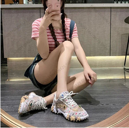 Women's Casual Sneakers Fashion Luxury Rhinestone Ladies Shoes 2024 New Outdoor Platform Female Sports Shoes Vulcanized Shoes SS69