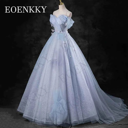 EOENKKY Blue Off Shoulder Princess Prom Dresses Celebrity A Line Pearls 3D Flowers Evening Gown платье на выпускной Customized