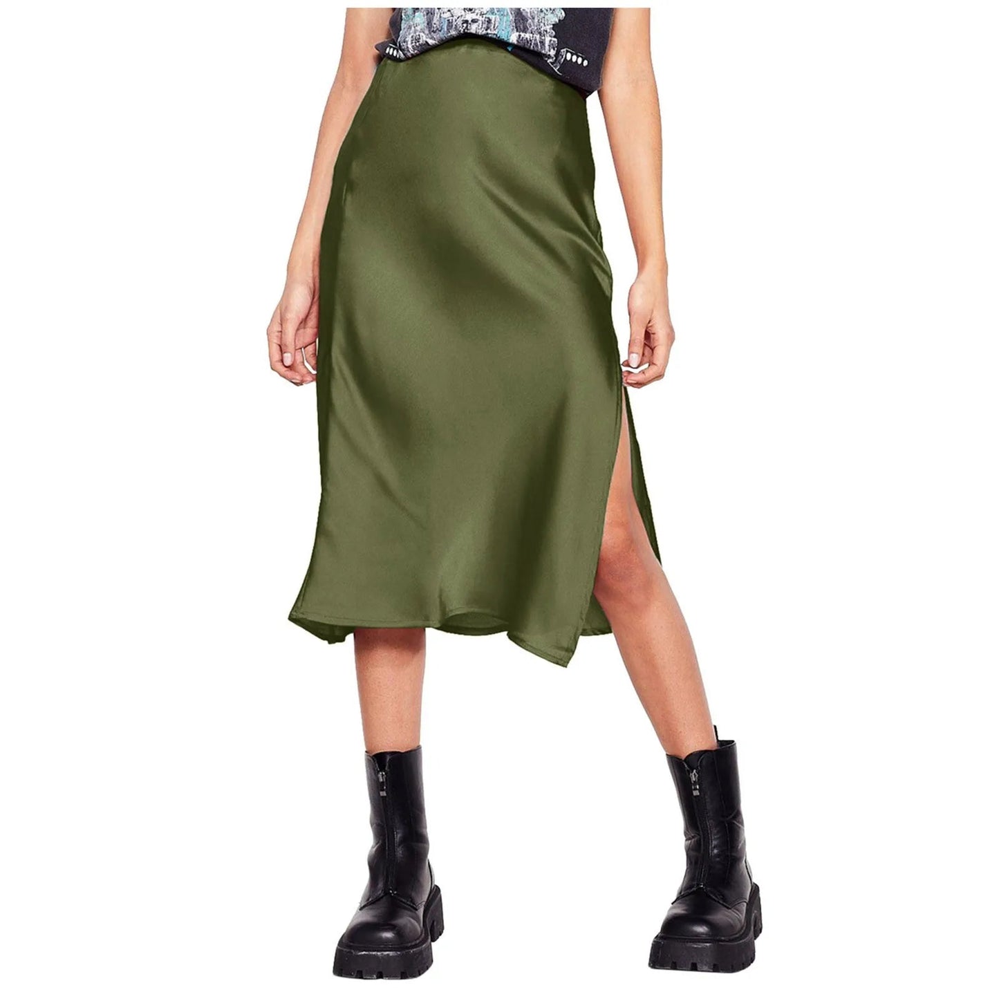 Korean Style Satin Skirt For Women Summer High Waisted Midi Skirt With Slit Solid Color Faldas Elegant Office Ladies Skirts SS69