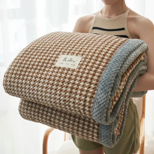 SS69 Handmade Chenille Knit Throw Blanket, Plaid Pattern, Machine Washable