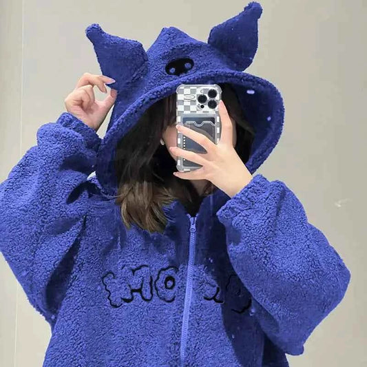 Sanrio New Hoodie Hooded Kuromi Cute Thicken Coat Fleece-Lined Embroidery Women's Loose Plus Size Hoodie Autumn and Winter Ins