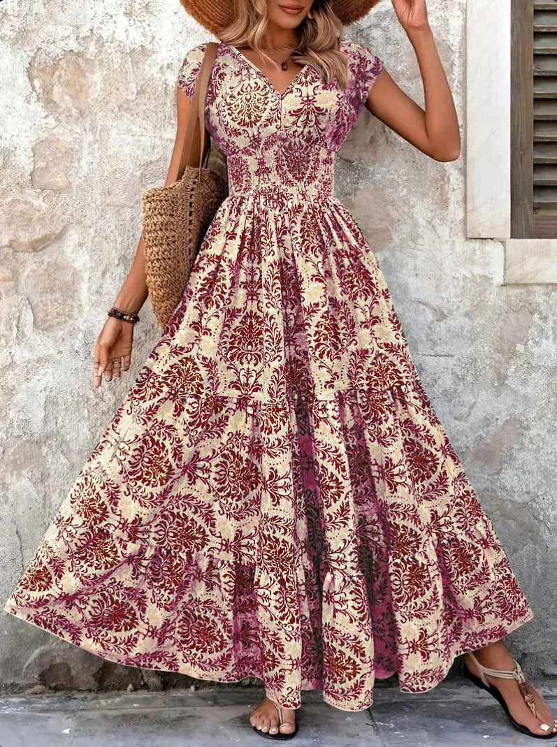 Vintage Floral Print V-Neck Maxi Dress - Women's Retro Gown