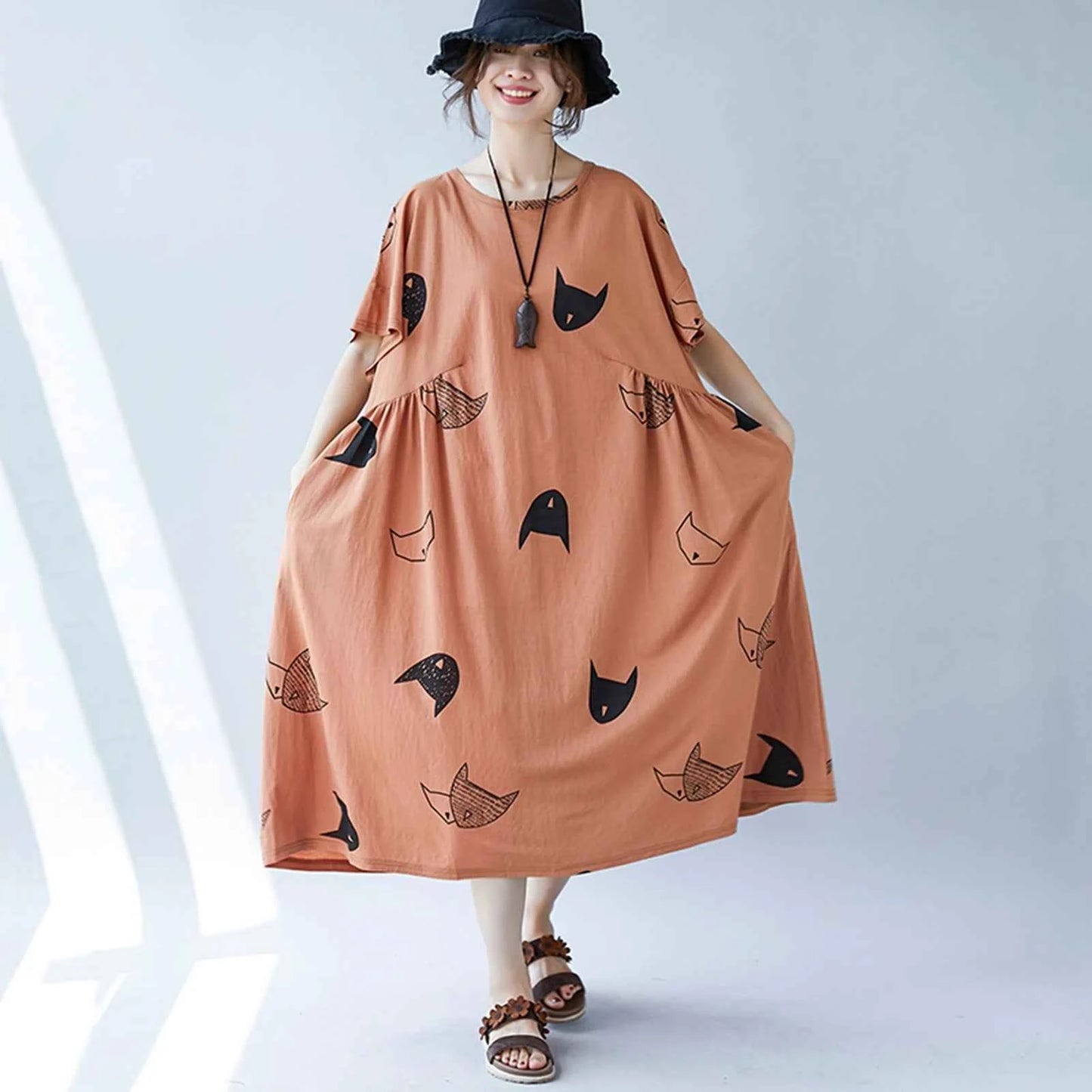 Plus Size Women Loose Dress Cute Cartoon Cat Print O Neck  Short Sleeve Baggy Large Size Oversized Maxi Dress Round Neck