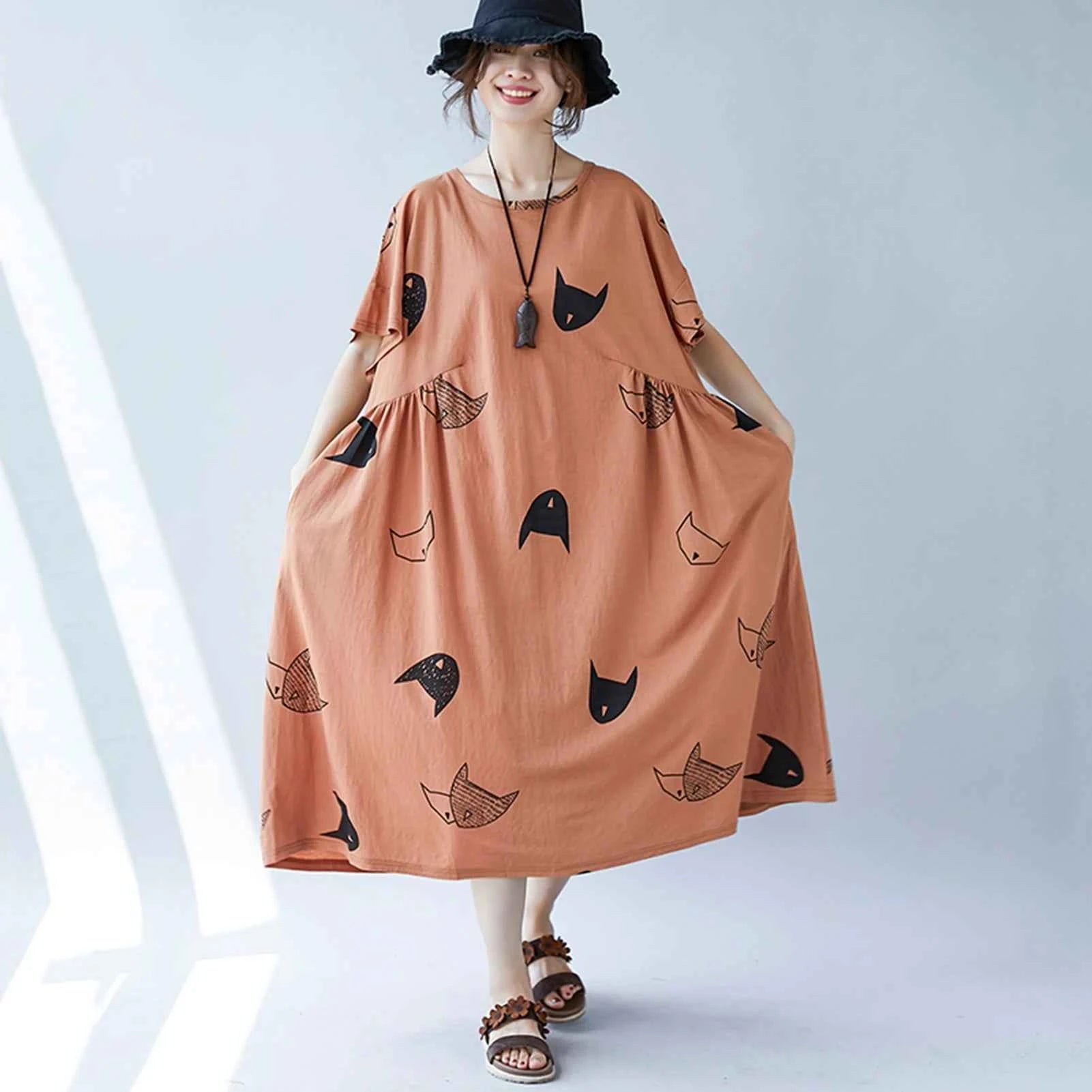 Plus Size Women Loose Dress Cute Cartoon Cat Print O Neck  Short Sleeve Baggy Large Size Oversized Maxi Dress Round Neck
