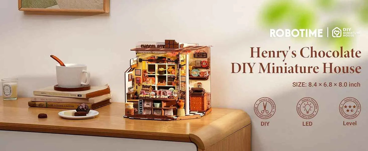 Robotime Rolife Henry's Chocolate DIY Miniature House Kit  Wooden Dollhouse Model Building Kit With LED Craft Gifts for Adults