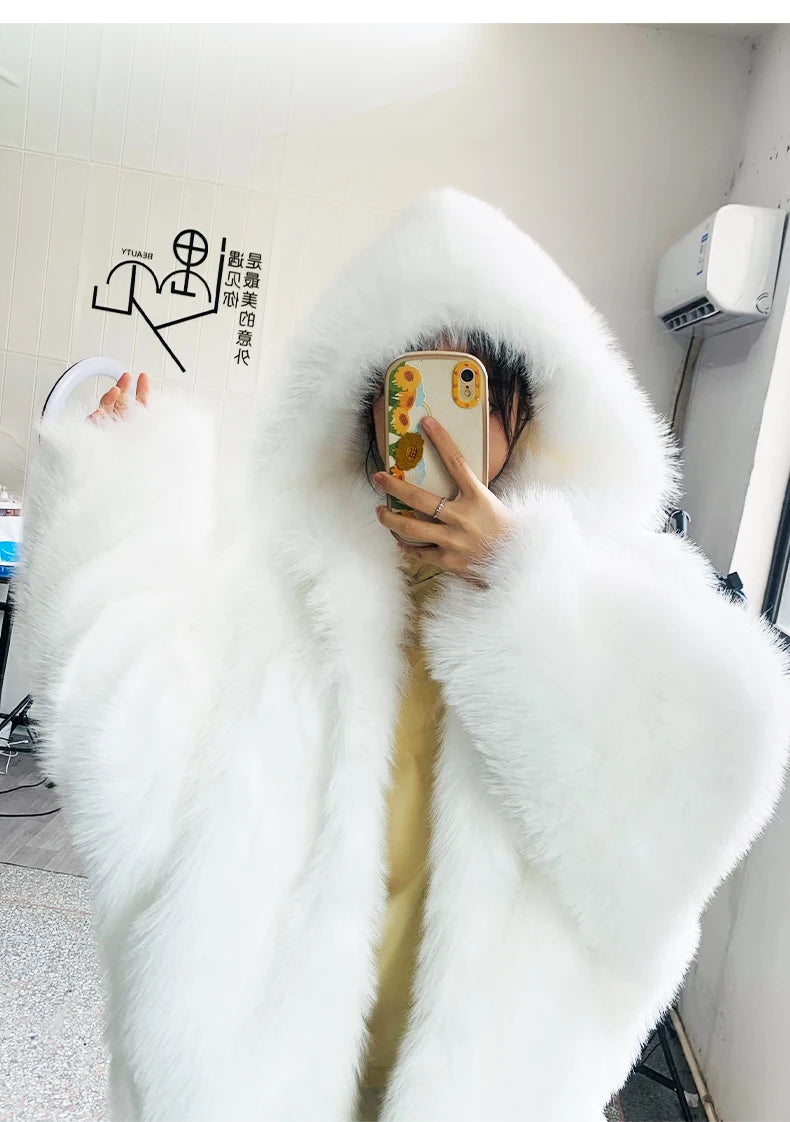 Nerazzurri Women's Faux Fur Coat with Hood - Warm & Fluffy