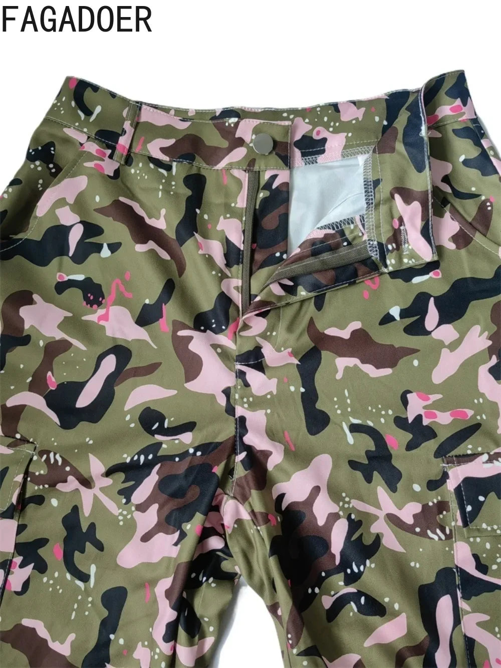 FAGADOER Pink Camouflage Print Pants Women Y2K Streetwear Button Pocket patchwork Straight Pants Hot girl Bottoms 2025 SS69