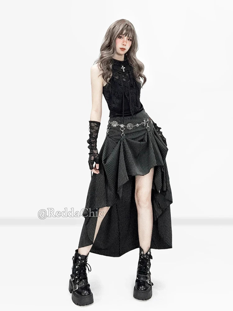 REDDACHiC Black Striped Suit Skirt Grunge Retro 3-Way Fishtail High-Low Maxi Long Train Skirt Gothic Woman Alternative Clothes