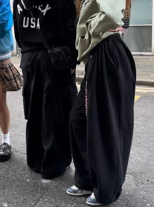 BiggOrange Women's High-Waist Oversized Hip-Hop Sweatpants, Black Wide-Leg