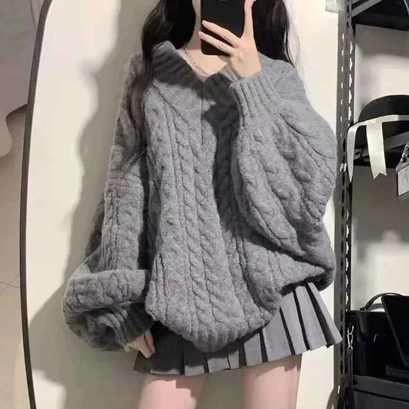 Autumn Winter Women Sweater Harajuku Oversized Knitted Pullovers Korean Long Sleeve V Neck Knitwear Preppy Solid Loose Jumper