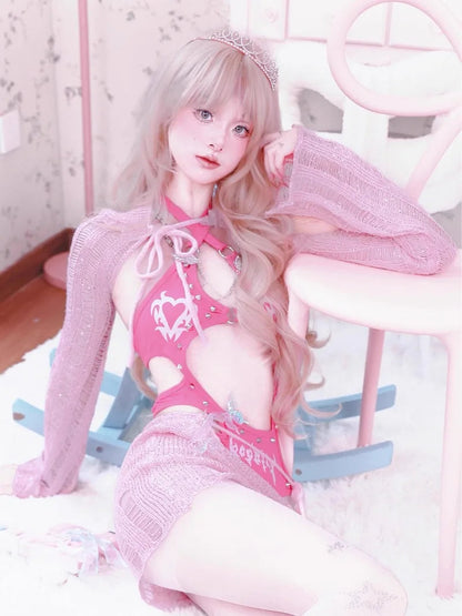 Original Barbie Powder Flash Three-dimensional Rivet-cut Onesie Tattered Wool Knitted Skirt Spice Girl For Suit SS69