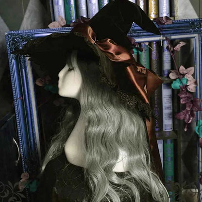 Handmade Lace Witch Pointed Hats Bandage Bow Wizard Hat Adult Gothic Lolita Cosplay Costume Halloween Party Bucket Hat