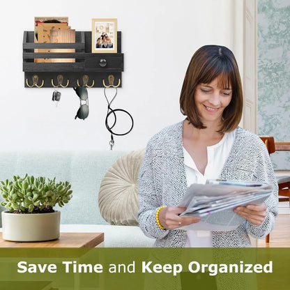 SS69 Wooden Wall Mount Key Holder with Mail Organizer, Drawer and 8 Hooks
