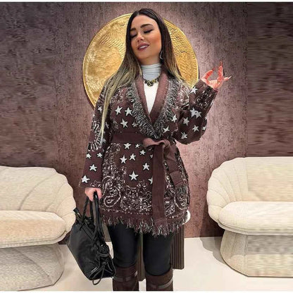 Warm Printed High Collar Knit Cardigans Women Contrast Jacquard Zipper Full Sleeve Pocket Sweater 2026 Spring Lady Chic Knitwear