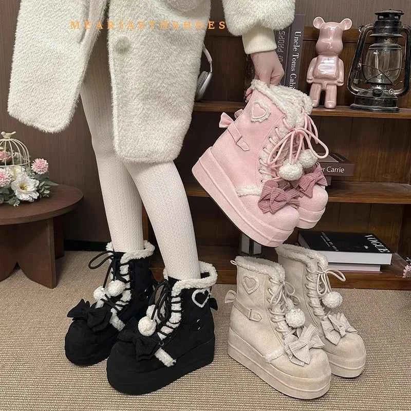 pink Sweet Winter Girls Lolita Mid-Calf Snow Boots,Cute Female Students Plush Warm Bowknots Lace Up Wedge Heel Heightening Shoes