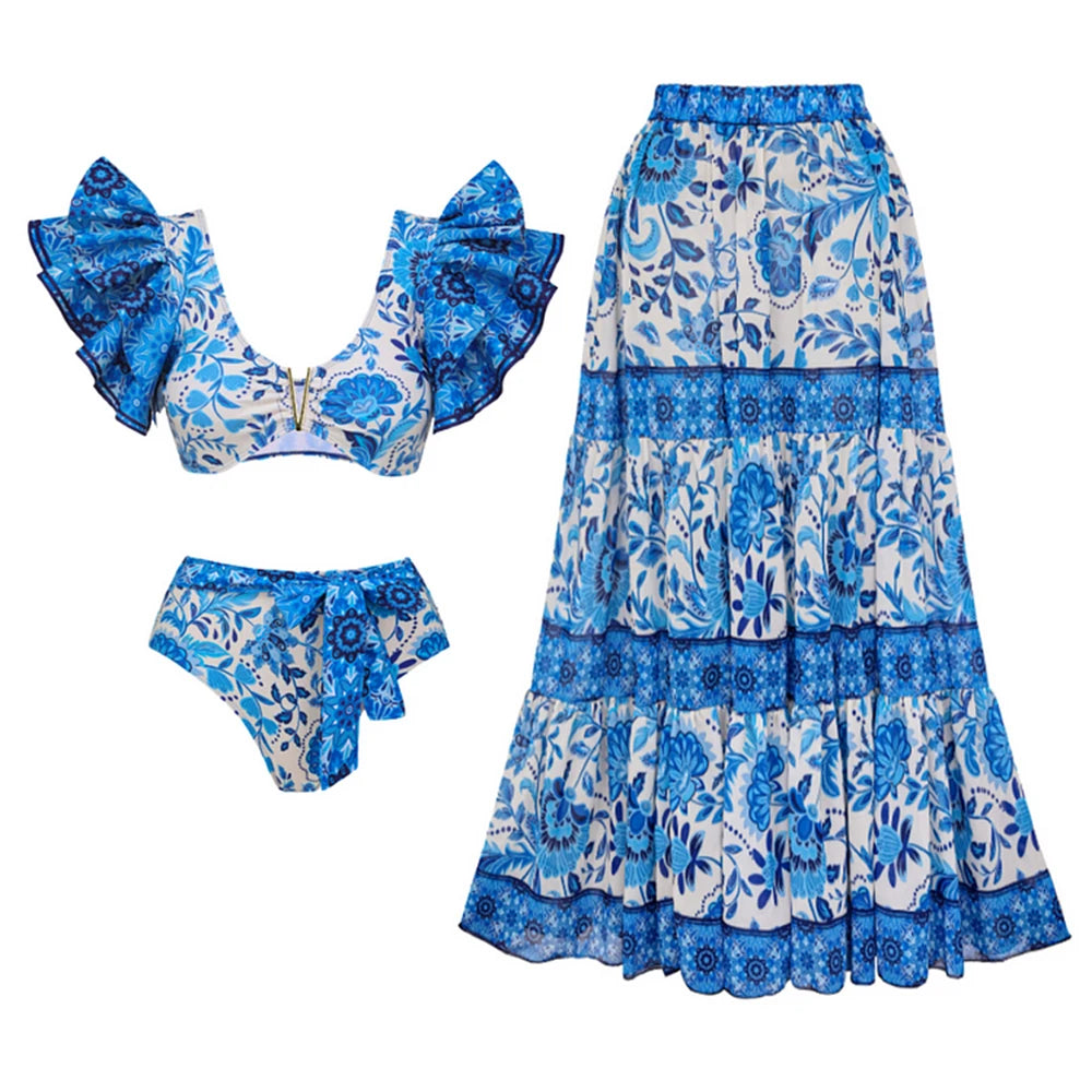 2023 New Arrival Push Up Women Bikini Set Floral Printed Ruffle Bikinis Strappy Bandage Swimwear Brazilian Biquini Bathing Suit SS69