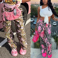 FAGADOER Pink Camouflage Print Pants Women Y2K Streetwear Button Pocket patchwork Straight Pants Hot girl Bottoms 2025 SS69
