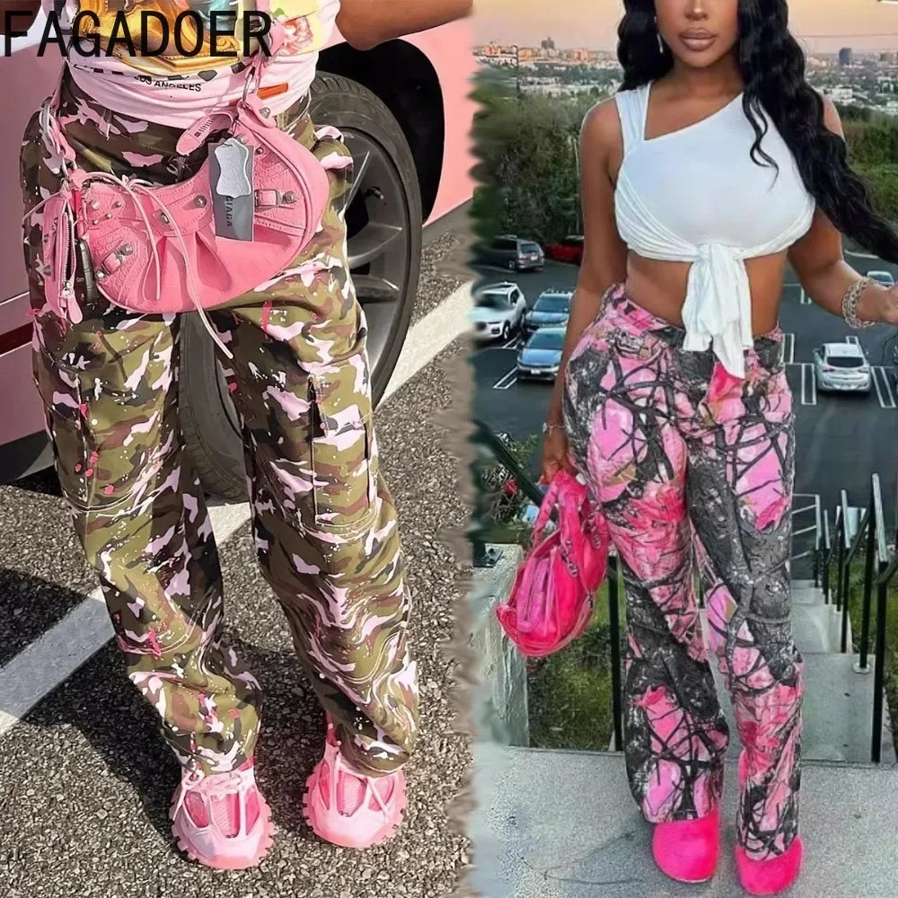 FAGADOER Pink Camouflage Print Pants Women Y2K Streetwear Button Pocket patchwork Straight Pants Hot girl Bottoms 2025 SS69