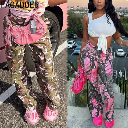 FAGADOER Pink Camouflage Print Pants Women Y2K Streetwear Button Pocket patchwork Straight Pants Hot girl Bottoms 2025 SS69
