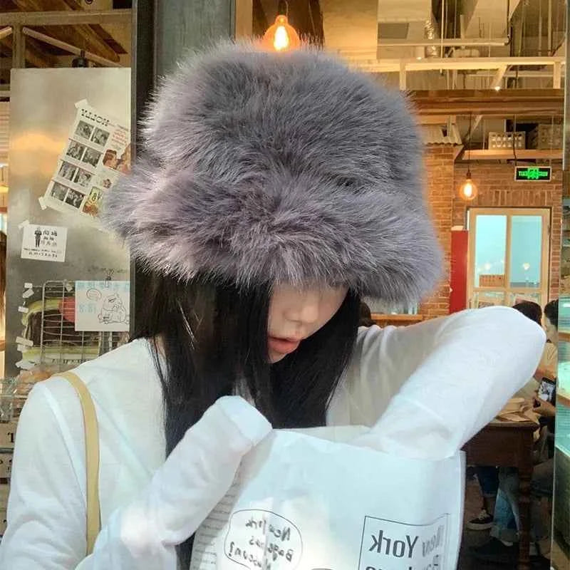 2025 Fluffy Faux Fur Bucket Hats Women Rabbit Fur Warm Thick Plush Winter Hat Lady Fashion Luxury Panama Furry Fisherman Cap Y2k