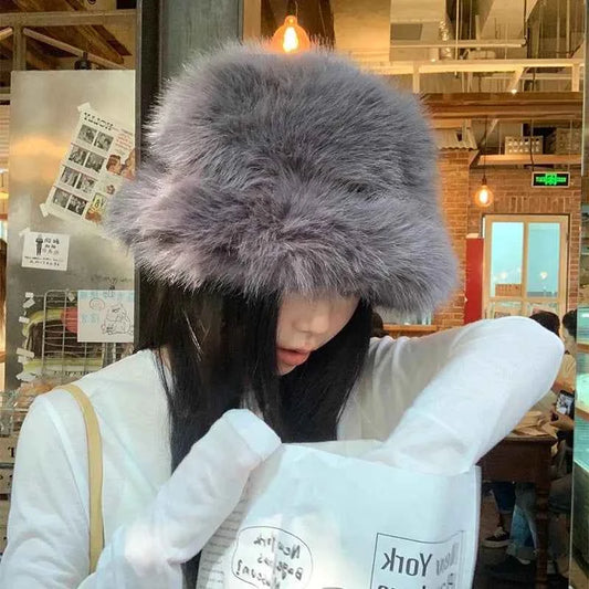 2025 Fluffy Faux Fur Bucket Hats Women Rabbit Fur Warm Thick Plush Winter Hat Lady Fashion Luxury Panama Furry Fisherman Cap Y2k
