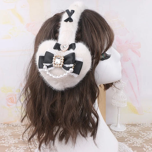 Sweet Mine Hairy Rhinestone Big Love Bow Earmuffs - Lolita Style