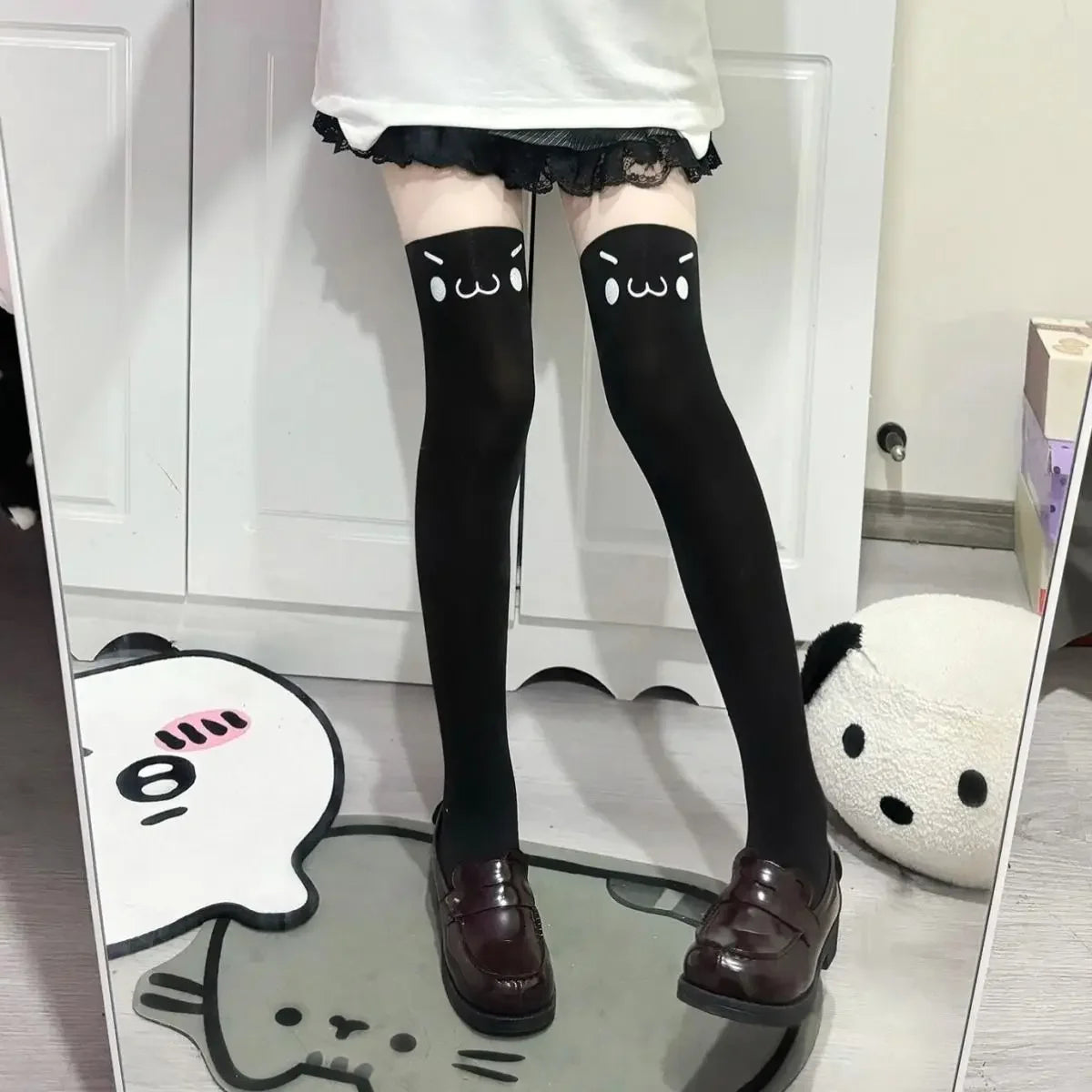 SS69 Japanese Kawaii Expression Thigh High Socks - White Plaid Over Knee