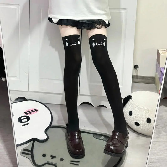 SS69 Japanese Kawaii Expression Thigh High Socks - White Plaid Over Knee