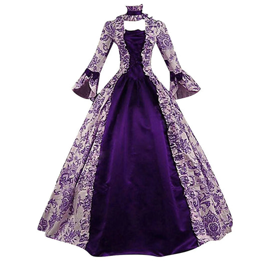 Women Lace-Up Medieval Dress Ruffles Bow Vintage Victorian Carnival Maxi Dress Patchwork Floral Female Fairy Long Dress SS69 39.69 Dark Purple / L / United States