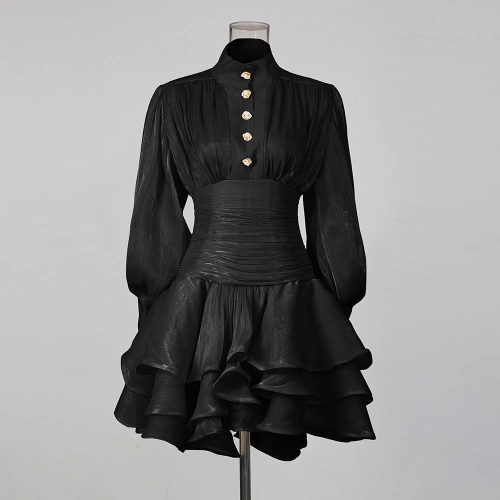 TWOTWINSTYLE Solid Spliced Ruffles Dress Female Stand Collar Long Sleeve Loose French Elegant Women's Dresses Autumn Fashion New